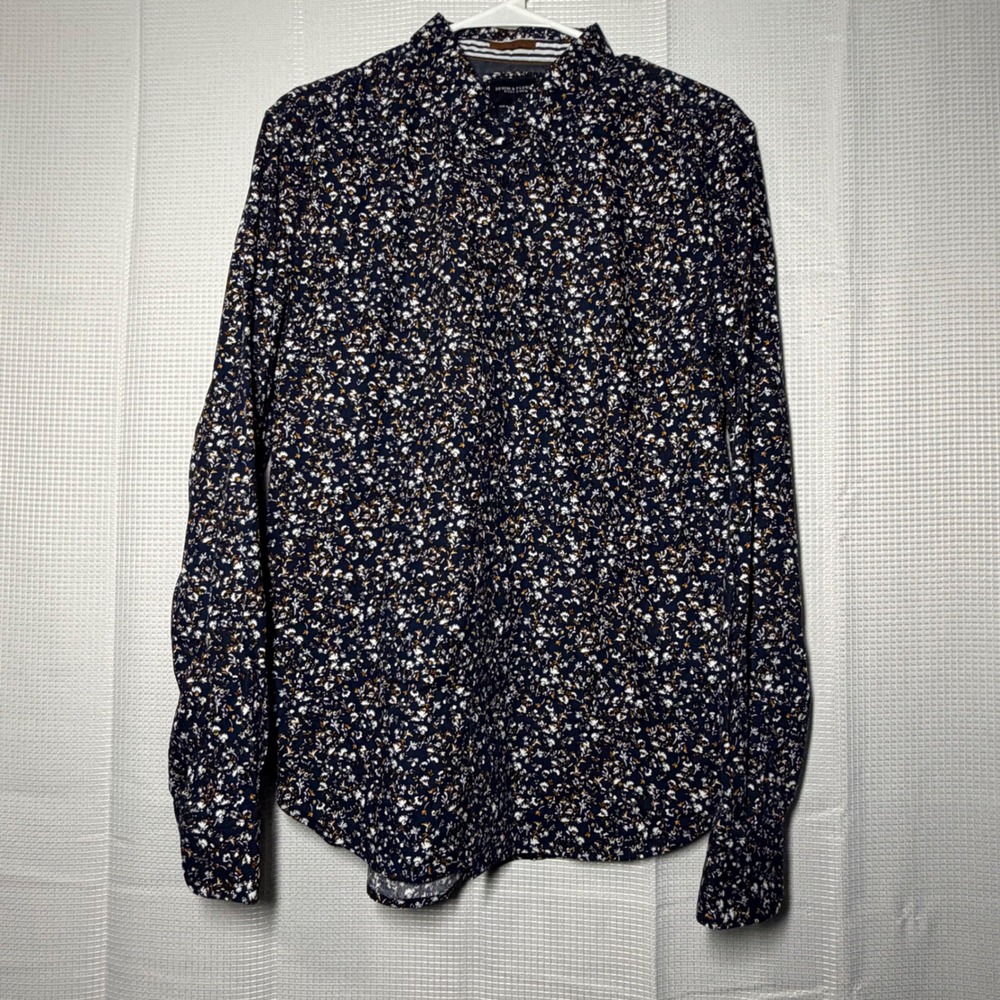 Denim & Flower Ricky Singh Button Down Shirt Medium Navy Blue‎ Floral Print
